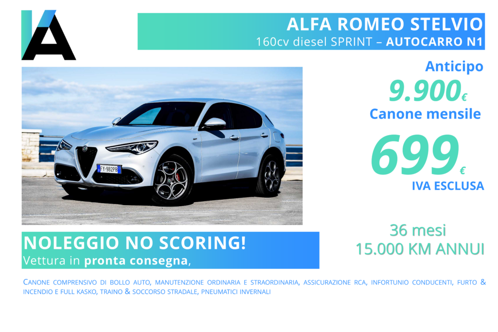 Alfa Romeo Stelvio 160cv AUTOCARRO. canone mensile 699€. Anticipo 9900€. Noleggio lungo termine. Anche per segnalati in CRIF. No scoring. Vettura pronta consegna