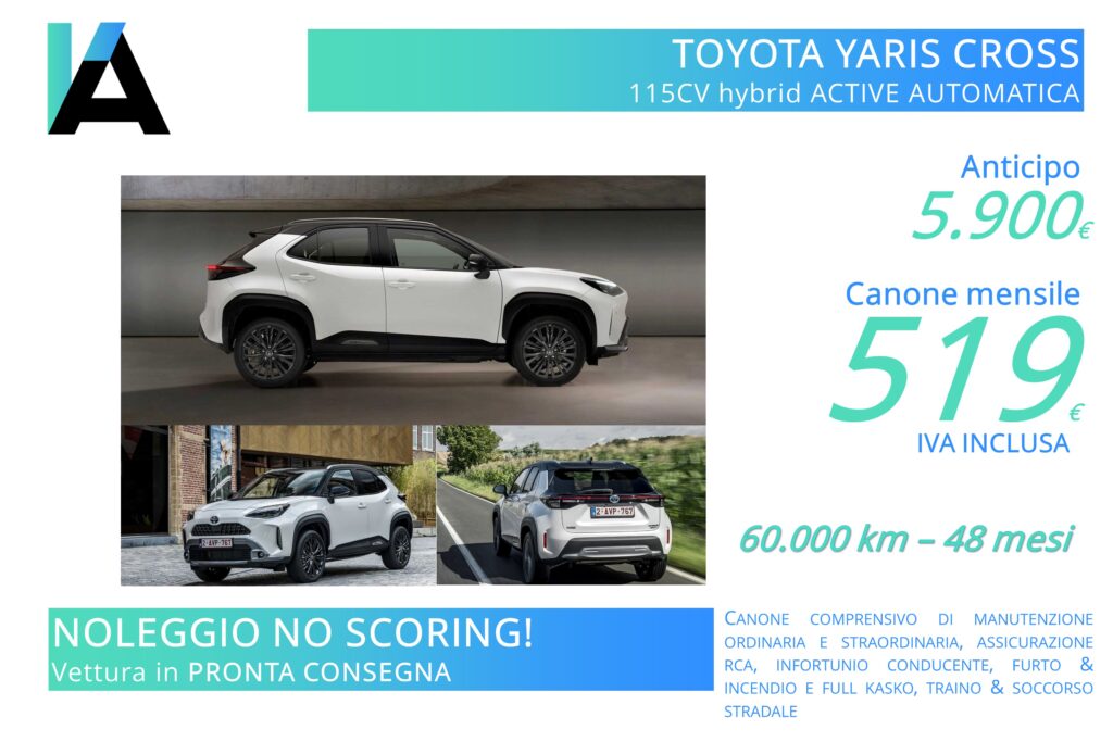Toyota YARIS CROSS 519 euro. Noleggio lungo termine. Anche per segnalati in CRIF. No scoring. Vettura pronta consegna