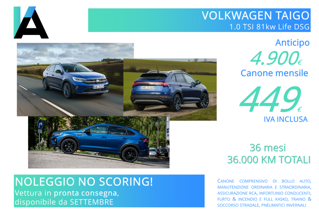 Volkswagen TAIGO automatica 449 euro. Noleggio lungo termine per possessori partita IVA. No Scoring. Anche per segnalati in CRIF. Vettura in pronta consegna